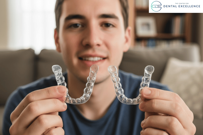 Male patient holding two Invisalign aligners during orthodontic consultation in Hallam PA