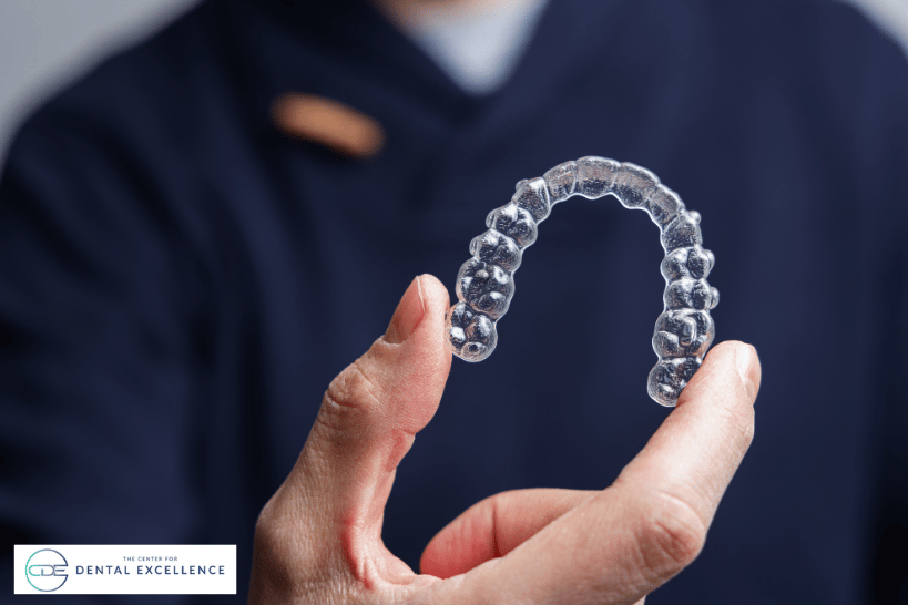 Closeup of Invisalign aligner held by dentist