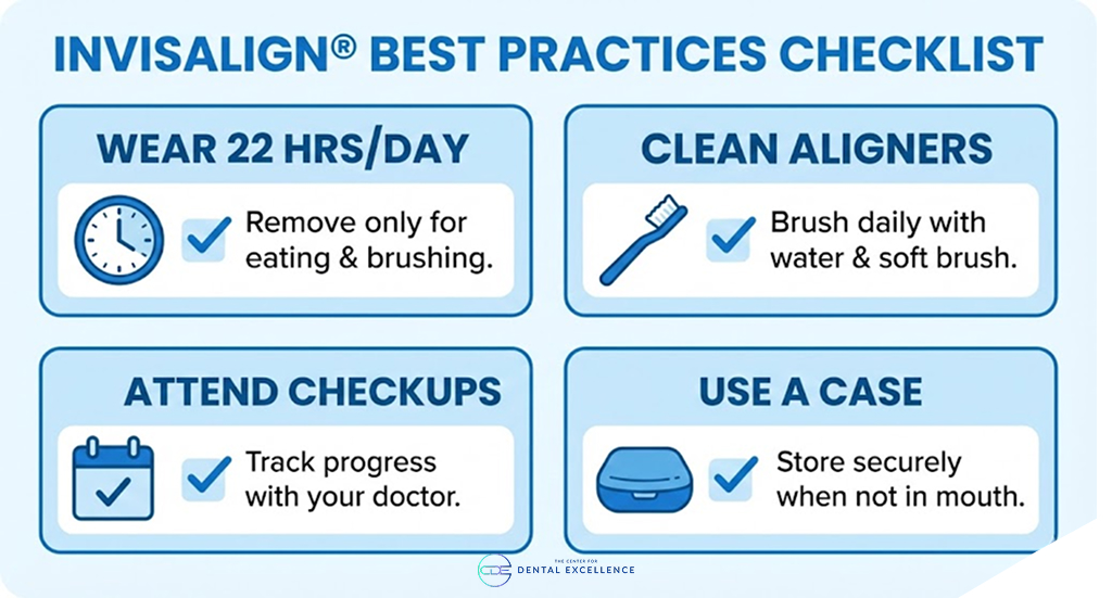 Invisalign® best practices checklist with four tips: wear aligners 22 hours a day, clean aligners daily, attend checkups, and use a case when not in use.