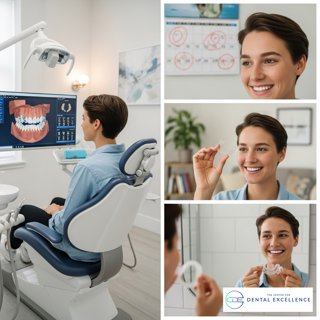 Collage showing a young adult during an Invisalign treatment journey: dental scan at the clinic, calendar tracking progress, holding aligners, and smiling in the mirror.