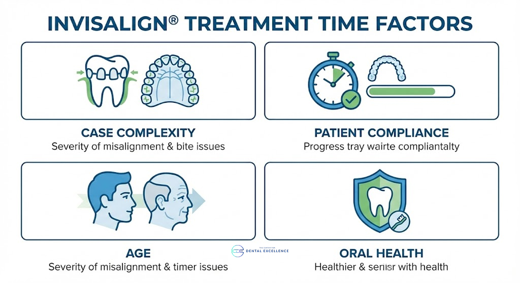 Infographic listing Invisalign® treatment time factors: case complexity, patient compliance, age, and oral health—with related icons for each category.